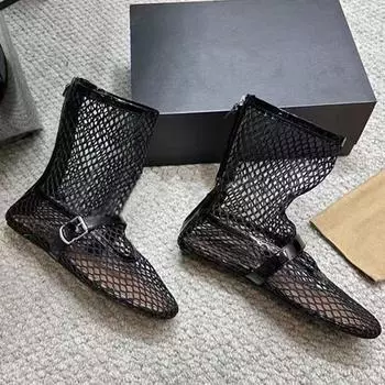 Версия из овчины~ Короткие сапоги из сетки с полостью внутри, женские дышащие летние сапоги с круглым носком и сетчатым принтом «кошачий глаз», с пряжкой на ремне, супер-огненные, с плоской подошвой, классные сапоги 35 золотой