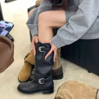 Версия из овчины~ Кожаные широкие сапоги на толстой подошве, рыцарские сапоги, женские сапоги на толстой ноге, длинные сапоги на толстом каблуке, высокие сапоги-трубы 35