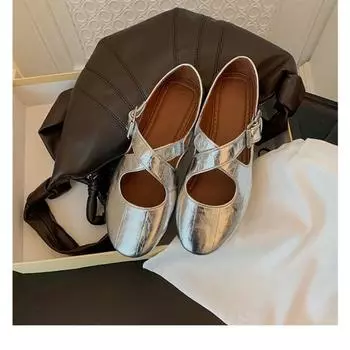 Версия из овчины~ Кожаные туфли Мэри Джейн на мягкой подошве серебристого цвета женские с перекрестной застежкой круглым носком балетки маленькие кожаные туфли 35
