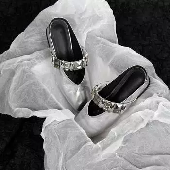 Версия из овчины~ Квадратные заклепки с головкой-мешком и полушлепанцы, женская внутренняя высота увеличивает темперамент, и одна нога наступает на крутые шлепанцы 35