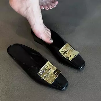 Версия из овчины~ Металлическая квадратная пряжка, высококачественная кожа, квадратный носок, полушлепанцы, женские ретро сандалии на плоской подошве с закрытым носком 35