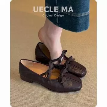 Версия из овчины~ натуральная кожа на плоской подошве ретро бант светлый вырез одинарные туфли женские весенне-осенние новые Мэри Джейн маленькие кожаные туфли 35