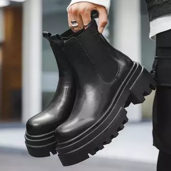 Версия из овчины~ Нишевые кожаные ботинки челси на платформе с подходящим цветом, женские короткие ботинки на толстом каблуке, высокие каблуки, ботинки Martin от Knight Muffin 38 чёрный