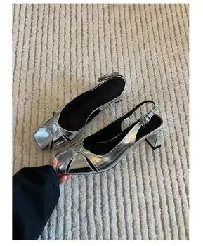 Версия из овчины, новая весенне-летняя модель, французские серебристые туфли с квадратной головкой и пряжкой в виде одного слова, женские туфли на толстом каблуке, сандалии с сумкой на голове 34