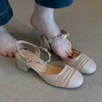 Версия из овчины~ ретро слово из страз на толстом каблуке, сандалии с закрытым носком, женские неглубокие, из сетчатой пряжи, дышащие и универсальные, для ношения на улице, туфли-одиночки 35