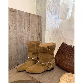 Версия из овчины ретро заклепки плоская подошва короткие ковбойские сапоги в стиле вестерн женские короткие сапоги наборные сапоги Martin 35 хаки