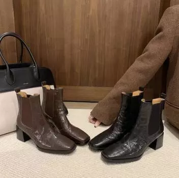 Версия из овчины Su Yinyin тех же самых ботинок Chelsea с квадратной головкой, вымытые овчины, толстый каблук, эластичные короткие ботинки, женские тонкие ботинки 35