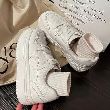 Версия из овчины~ толстоподошвенные маленькие белые туфли женские туфли на платформе с крестообразным цветочным узором женские универсальные туфли для спорта и отдыха с увеличением роста 35