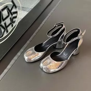 Версия из овчины~ Туфли-лодочки на высоком каблуке женские 2025 новые толстый каблук серебристые одинарные туфли круглый носок открытый подъем с разрезом носок-копытце 34