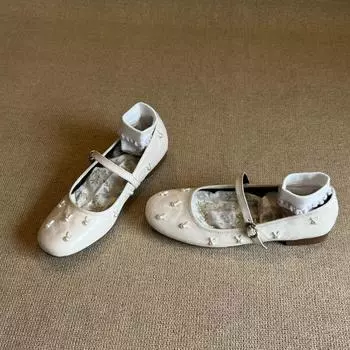 Версия из овчины~ Жемчужный кролик с туфлями Мэри Джейн женские ретро кожаные туфли на плоской подошве с мелким вырезом 35