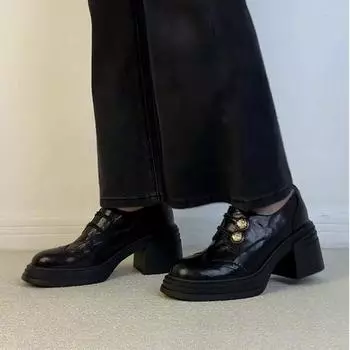 Версия из овчины~ женские новые ретро туфли из черной кожи с круглым носком и толстой подошвой, туфли-лодочки с глубоким вырезом 35