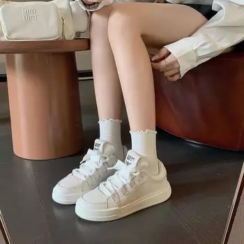 Версия из телячьей кожи с пятнами ~ Виноградная мать те же самые маленькие белые туфли Miu женские туфли-буфы на толстой подошве, усиливающие эффект шнуровки, кожаные повседневные туфли для серфинга 34