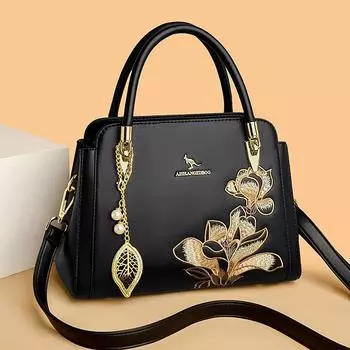 Версия модного тренда в национальном стиле с вышивкой, женская сумка через плечо среднего возраста, элегантная сумочка с темпераментом чёрный