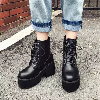 Версия темного локомотивного стиля, красивая круглая голова, увеличивающая высоту, кексы, толстая подошва, ботинки Martin, женские короткие ботинки, женские 328-2 35 чёрный