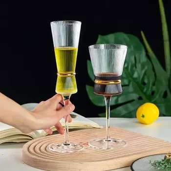 Vertical Pattern Gold Waist Line Red Wine Glass Set, Champagne, Cocktail Glasses, High-end Barware Goblet, Household Glassware