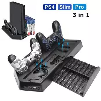 Вертикальная подставка PS4 Slim Pro с 14 игровыми слотами и 3 дополнительными портами USB, 2 встроенными высокоскоростными бесшумными вентиляторами охлаждения, может использоваться для передачи данных 38*14.3*3cm чёрный