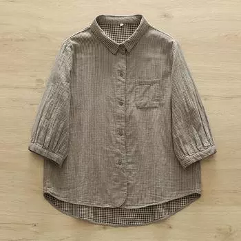 Вертикальная полосатая пряжа из чистого хлопка, двухслойная, повседневная, универсальная, с короткими рукавами, женская рубашка, свободная рубашка, лето M