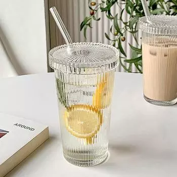 Вертикальная полосатая стеклянная чашка, прозрачные стаканы с крышкой и соломинкой, ребристые кружки для латте, сока, молока, воды, кружка для льда, кофе 301-400ml чистый
