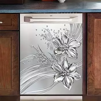 Вертикальная ПВХ наклейка на дверцу посудомоечной машины, металлическая серебристая наклейка на дверь с тисненым цветочным узором, водонепроницаемая и устойчивая к пятнам, легко моется 65x58.5CM