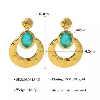 Вертикальные серьги из натурального камня из нержавеющей стали, французские ретро-серьги из бирюзы, геометрические серьги из титановой стали для женщин