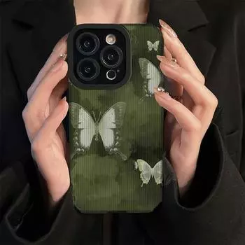 Вертикальный кожаный чехол с зеленой бабочкой и принтом Мягкий силиконовый чехол для телефона Задняя крышка с объективом камеры Полная защита для iPhone iPhone 15 Pro Max