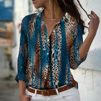 Вертикальный леопардовый принт Женская блузка весна осень женская офисная женская рубашка на пуговицах с отложным воротником XS темно-синий