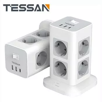 Вертикальный сетевой фильтр TESSAN с розетками переменного тока USB-порты, удлинительный кабель 2 м, штепсельная вилка европейского стандарта, многоточечная электрическая розетка
