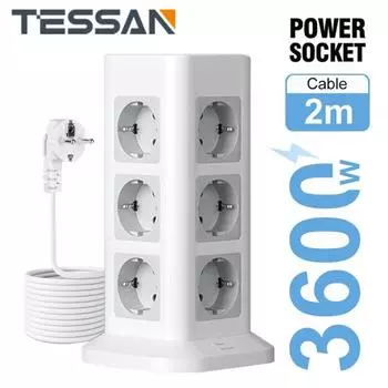Вертикальный удлинитель TESSAN с несколькими розетками и удлинительным кабелем USB 2 м, вилка EU KR, электрическая розетка, защита от перенапряжения для дома 8 Outlet & 3 USB Ports серый