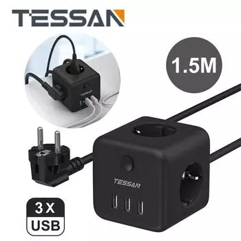 Вертикальный удлинитель TESSAN с несколькими башнями с розетками переменного тока и портами USB, вилка EU KR, электрическая розетка, удлинительный кабель 2 м для дома серый