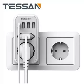 Вертикальный удлинитель TESSAN с вилкой европейского стандарта, удлинитель с несколькими розетками и USB-портами, настенная розетка типа C, адаптер, зарядное устройство для домашних путешествий 1 Outlet & 2 USB Ports серый
