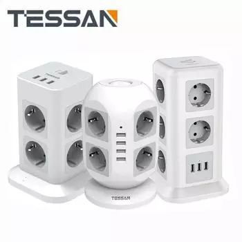 Вертикальный удлинитель TESSAN, сетевой фильтр с несколькими розетками, розетки европейского стандарта с USB-переключателем, удлинительный кабель 2 м, домашний офис 8 Outlets & 4 USB Ports серый