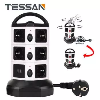 Вертикальный удлинитель TESSAN Tower с независимыми переключателями, розетками, 4 портами USB, удлинительный кабель длиной 2 м для дома 10 Outlets & 4 USB Ports чёрный