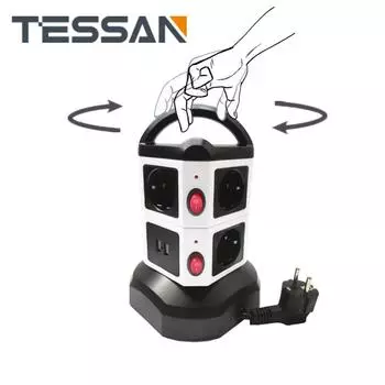 Вертикальный удлинитель TESSAN Tower с розетками 6/10/14 европейского стандарта, 4 порта USB, удлинитель 2 м, европейская корейская вилка, электрическая розетка