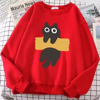 Веселая липкая лента с милым принтом кота в виде мультфильмов, толстовка с капюшоном для мужчин и женщин, осенние новые толстовки с капюшоном с круглым вырезом, свободная одежда, свитшоты S