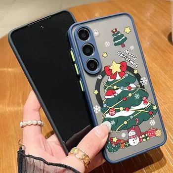 Веселая рождественская елка для чехла MagSafe для Samsung S24 FE S23 Ultra A55 A54 A35 A34 A15 Матовый прозрачный противоударный мягкий магнитный чехол для телефона Samsung S24 чёрный