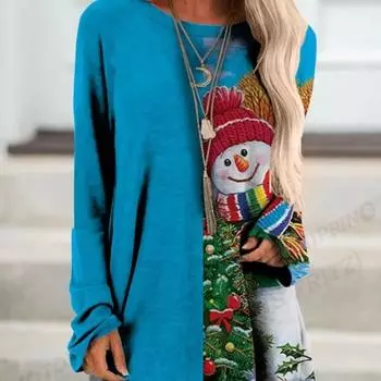 Веселая рождественская футболка Снеговик Футболка 3D Футболка с длинным рукавом Женская футболка Длинная футболка Женская туника Топы Футболки Женская осень S
