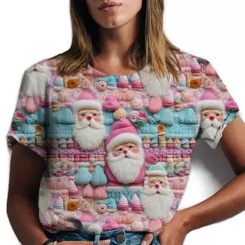 Веселая рождественская футболка женская с рисунком Санта-Клауса женская футболка с коротким рукавом женская изысканная ручная работа с 3D-принтом футболки топ S