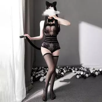 Веселая сексуальная женщина-кошка, цельный костюм, костюм-сеть для косплея, черный шелковый соблазн average size