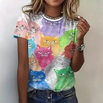 Веселая женская футболка с принтом в виде милого кота, с круглым вырезом, коротким рукавом, свободная футболка, лето, Харадзюку XS