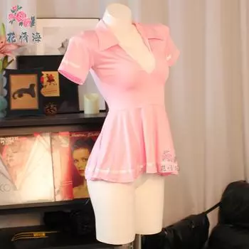 Веселое японское платье мини с глубоким V-образным вырезом, перспективой зайчика, свободным соблазнением, розовое цельное One size