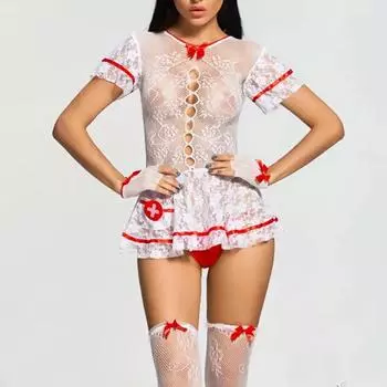 Веселое женское белье, сексуальная и сладкая униформа, сексуальное сетчатое платье и комплект чулок One Size