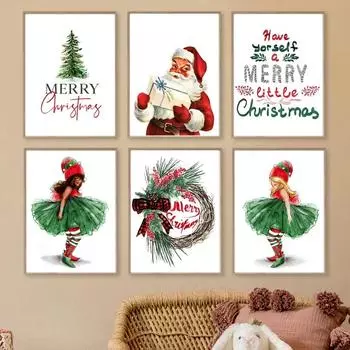 Веселого Рождества Мультфильм Бохо Девушки Санта Настенная Живопись Холст Картина Скандинавские Плакаты И Принты Настенные Картины Детская Комната Домашний Декор 21x30cm No Framed