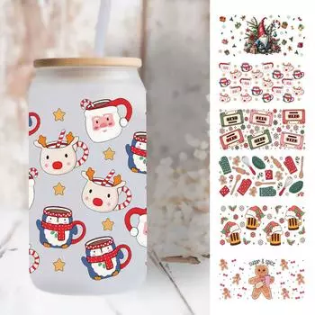Веселого Рождества УФ DTF обертывание переводные наклейки мультфильм обертывание чашки для стаканов водонепроницаемый наклейка D V9S0 D24894-1pc