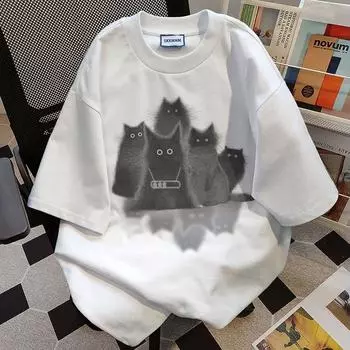 Веселые футболки с круглым вырезом и принтом «Пять черных котов» для мужчин и женщин, летняя модная тенденция, повседневный удобный топ из чистого хлопка для пар, топ с короткими рукавами Harajuku S белый
