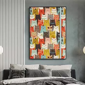 Веселые милые животные, красочные постеры и принты с кошками на холсте, современная живопись, настенные художественные картины для украшения детской комнаты, подарки 21x30cm No Framed