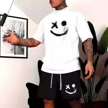 Веселые принты для мужчин 2 трендовая одежда повседневные свободные футболки с круглым вырезом и коротким рукавом и шорты детская одежда S