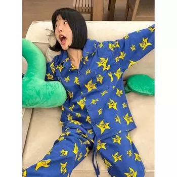Веселый кардиган с принтом звезд и длинными рукавами для девочек, пижама для женщин на весну и осень, комплект из двух предметов для дома больших размеров S синий