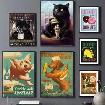Веселый кот, собака, винтажный постер, забавный кофе, такса, пончики, тако, растения, настенная живопись на холсте, картина, декор для кафе, кухни 21x30cm No Frame