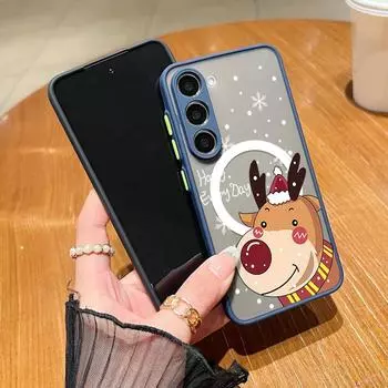 Веселый рождественский лось принт матовый магнитный чехол для Samsung S24 FE S23 Ultra A55 A15 A35 A54 для Magsafe тонкий прозрачный противоударный защитный чехол для телефона Samsung S24 FE чёрный