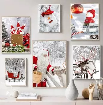 Веселый рождественский постер и печать снежные равнины олень Санта-Клаус рождественская елка настенная живопись холст для домашнего декора подарки 21x30cm No Framed